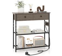 LIFEZEAL Consola Industrial de Pasillo Con Toma de Corriente y Puertos USB, Mesa de Entrada Con Estantes y Cajones, Auxiliar Estrecha de Sofá para Salón, 81 x 30 x 81 cm (Gris)