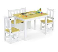 LIFEZEAL Juego de Mesa y 2 Sillas con Banco (Natural) | Muebles infantiles de 4 piezas con banco de almacenaje para niños de 3 a 7 años