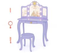 LIFEZEAL Juego de Tocador Infantil, Mesa de Maquillaje con Taburete para Niña, Tocador con 8 Bombillas y Espejo Plegable, Set de Mesa y Silla con Cajón (Púrpura)