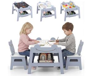 LIFEZEAL Mesa infantil con 2 sillas, mesa de madera 5 en 1 con tablero reversible pizarra/blanco, 4 ganchos, 2 cajones de tela, 1 contenedores, mesa multiactividades para niños de 3 años + (gris)