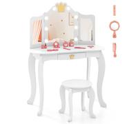 LIFEZEAL Tocador Infantil con Espejo Plegable y 8 Bombillas | Mesa de maquillaje para niña con taburete, set de mesa y silla con cajón