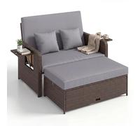 LIFEZEAL Tumbona doble con función reclinable, tumbona de ratán con respaldo ajustable, sofá de jardín de 2 plazas con mesa lateral y otomana, hasta 360 kg (mezcla marrón y gris)