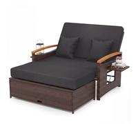 LIFEZEAL Tumbona doble con función reclinable, tumbona de ratán con respaldo ajustable, sofá de jardín de 2 plazas con mesa lateral y otomana, hasta 360 kg (negro y natural)