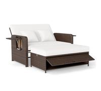 LIFEZEAL Tumbona doble con función reclinable, tumbona de ratán con respaldo ajustable, sofá de jardín de 2 plazas con mesa lateral y otomana, hasta 360 kg (marrón y blanco)