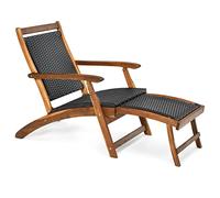 LIFEZEAL Tumbona Plegable de Ratán PE, Silla Tumbona Convertible con Reposapiés Retráctil, Marco de Madera de Acacia, Respaldo y Reposabrazos, Sillón Terraza para Exterior, Jardín, Patio, Piscina