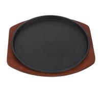 LIFKICH Sartén para Parrilla de Hierro Fundido 25 Cm Redondo Base de Madera para Servir, Plancha para Carne y Bistec, Adecuado para Cocina y Barbacoa, Utensilio Resistente y