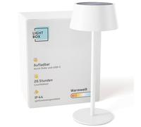 Lightbox LED Außen Tischlampe | Ø 13 cm | kabellose Outdoor Lampe mit Solar | 3 Stufen Touch Dimmer | Akku-betriebene Tischleuchte (4 W, 300 lm, 3000 K) aus Metall/Kunststoff in Weiß | Balkon Deko