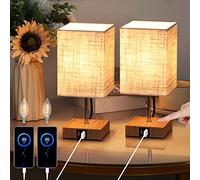 Lightess 2 Piezas Lámparas de mesa USB Touch Regulables Modernas con Base de Madera Lámpara de Noche Retro Pantalla de Tela con Bombilla E14 Blanco Cálido Para Sala de Estar Dormitorio Mesa, Beige