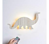 Lights4fun Aplique de Pared Dinosaurio en Madera Luminoso con 18 LED Blancos Cálidos a Pilas y Mando a Distancia para Interiores