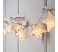 Lights4fun Cadena de Luces con 10 LED Blanco Cálido en Estrellas de Papel Blancos a Pilas con Temporizador Luz Nocturna Decoración para Dormitorio Infantil