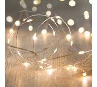 Lights4fun Cadena Luminosa de 200 Micro LED Blancos Cálidos con Cable Plateado y Enchufe para Interiores