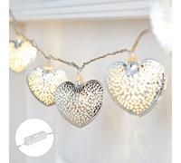 Lights4fun Cadena Luminosa Decorativa de 20 Corazones Plateados con LED Blanco Cálidos para Interiores