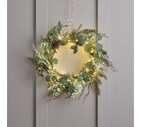 Lights4fun Corona Navideña Preiluminada de 40 cm con Follaje Artificial y Bayas Doradas con 50 LED Blanco Cálido a Pilas y Temporizador Decoración de la Puerta Decoración de Navidad para Interiores