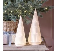 Lights4fun Juego de 2 Árboles Illuminados en Cerámica con 10 LED Blanco Cálido a Pilas con Temporizador Decoración Navideña para Interiores