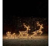 Lights4fun Renos y Trineo Luminosos Renos de Ratán a 240 LED Blanco Cálido con Temporizador Illuminación Navideña Decoración de Navidad para Interiores y Exteriores