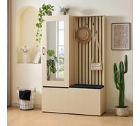 Ligterra Armario de almacenamiento, armario zapatero con espejo y banco, moderno juego de muebles de pasillo con barra extensible, zapatero, 4 ganchos y banco tapizado, color madera natural