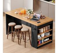 Ligterra Mesa de bar, isla de cocina, aparador, mesa de cocina, con iluminación LED y enchufe, bloque de cocina con encimera de 40 mm, 2 x CA + 2 USB, 3 estantes abiertos, 155 x 80 x 90 cm (color
