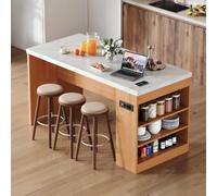 Ligterra Mesa de bar, isla de cocina, aparador, mesa de cocina, con iluminación LED y enchufe, bloque de cocina con encimera de 40 mm, 2 x CA + 2 USB, 3 estantes abiertos, 155 x 80 x 90 cm (color
