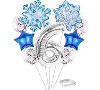 Liitata 6. Frozen Decoración de cumpleaños para niñas, globos de Frozen con número 6, globos plateados, grandes copos de nieve, globos de Mylar, confeti, globos de látex para niños, niñas, cumpleaños