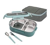 Lille Home 850ml de acero inoxidable a prueba de plomo 2 compartimentos/contenedor de alimentos con bolsa de almuerzo y cubiertos, sin BPA (verde)