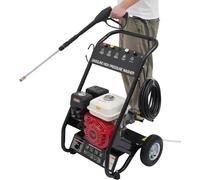 Limpia superficies de gasolina de 7,5 CV, con una presión de 170-190 bares. Incluye un motor de gasolina y un accesorio de vapor con 5 boquillas seleccionables para la limpieza de cubiertas, patios, c