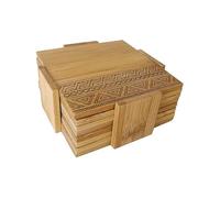 LIN HOME Juego de Posavasos de Bambú Natural con Soporte Organizador, Set de 6 Posavasos Cuadrados con Grabado Étnico para Cocina, Comedor, Salón y Oficina,RS02182,11x11x3.5cm