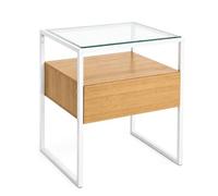 LIN HOME Mesa de Noche con Cajón Madera y Estructura Metal Blanco, Vidrio Templado 43x32x50 cm - Mueble Dormitorio Moderno XZ-22165-1