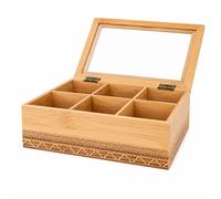 LIN HOME RS02170 Cajita de Madera y Bambú con Tapa de Cristal con 6 Compartiments para Bolsas de Té o Sobres de Azúcar,Rectangular 22*16*7CM