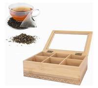 LIN HOME RS02170 Cajita de Madera y Bambú con Tapa de Cristal con 6 Compartiments para Bolsas de Té o Sobres de Azúcar,Rectangular