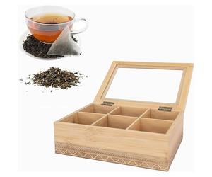 LIN HOME RS02170 Cajita de Madera y Bambú con Tapa de Cristal con 6 Compartiments para Bolsas de Té o Sobres de Azúcar,Rectangular