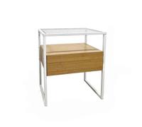 LIN HOME XZ-22165-1 Mesa de Noche de Vidrio Templado (43x32x50 cm) - Mueble de Dormitorio con Cajón de Madera y Estructura de Metal Blanco