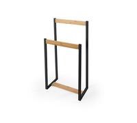 LIN HOME XZ-22179 Perchero de pie de Metal Negro y Listones de bambú, Soporte para Toallas y Ropa Multiusos para baño, Entrada, Dormitorio y salón 41x18x80cm