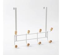 LIN HOME XZ-22358-1 Gancho para Puerta de Hierro Blanco con 8 Puntos de Colgante de Madera - 30x27 cm, Instalación Sin Taladrar