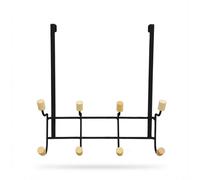 LIN HOME XZ-22359 Gancho para Puerta de Hierro Negro con 8 Puntos de Colgante de Madera - 30x27 cm, Instalación Sin Taladrar