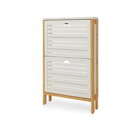 LIN HOME XZ-23050 Zapatero de Madera con 2 Compartimentos 80x49.5x14cm Plegable - Organizador Vertical para Zapatos,Zapatillas de Color Blanco y Color Madera Natural