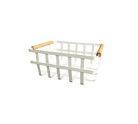 LIN HOME XZ-23324 Cesta Organizadora de Metal con Asas de Madera - Cesta Decorativa Blanca 22×22×6 cm, Ideal para Cocina, Frutas, Pan o Baño - Diseño Moderno y Minimalista
