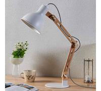 Lindby Lámpara de mesa Shivanja madera, pantalla blanca