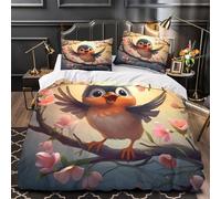 Lindo pájaro posado Funda de Edredón 3 Piezas Estampado 3D Cierre de incluye Fundas de Almohada Lavables Ilustración de dibujos animados de primavera Funda Edredon for familia Single（135x200cm）