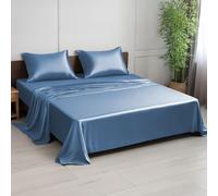 LINENWALAS Juego de sábanas de bambú 100% natural, 4 piezas, ropa de cama de lujo más suave perfecta para el cuidado de la piel, sábana encimera y fundas de almohada (tamaño King, azul Bahamas)