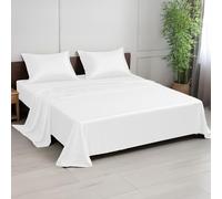 LINENWALAS Juego de sábanas King, 300 hilos 100% bambú, juego de ropa de cama con tejido satén refrescante tipo seda, con 1 sábana bajera, 1 sábana encimera y 2 fundas de almohada (King, blanco)