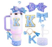 Lingdeer Blue Cup - Juego de accesorios para vaso Stanley de 30 onzas y 40 onzas con asa, dijes de letras, cubiertas de popote de lazo y diamante, funda de silicona con purpurina, calcomanía