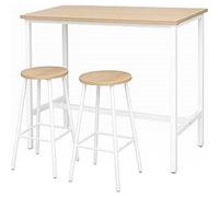 LINHOME XZ-22116-2 Mesa Alta de Bar con 2 Taburetes, 108x48x91cm, Tablero Color Natural, Estructura Blanca, Set de 3 Piezas (Blanco) White