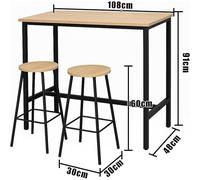 LINHOME XZ-22116-2 Mesa Alta de Bar con 2 Taburetes, 108x48x91cm, Tablero Color Natural, Estructura Blanca, Set de 3 Piezas (Blanco) Black