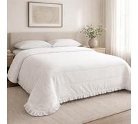 Liniva Home - Colcha Bouti Lavada Termosellada con Volante, SIN Cojines, Ligera para Verano y Entretiempo, 100% Microfibra, Tacto Extra Suave - Modelo Rayas Novara (Novara - Blanco, Cama 150cm)