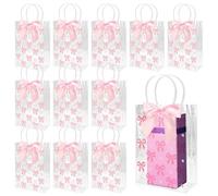 Linkidea 12 bolsas de regalo transparentes con lazos rosados, incluye 25 puntos adhesivos y 12 lazos de cinta lila, adecuadas para recuerdos de fiesta, regalos de boda, embalaje de vacaciones