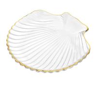 Linkidea Jabonera de cristal transparente con borde dorado, elegante diseño de concha marina para decoración de baño, soporte limpiador para tocador, encimera, fregadero