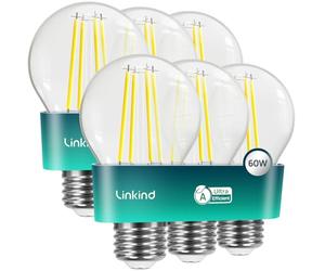 Linkind Lámpara Vintage Ultraeficiente E27, 3,8 W = 60 W, 2700K Blanca Cálida, Clase Energética A, No Regulable, Bombilla Edison A60 de 806 Lúmenes, Paquete de 6