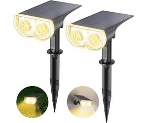 Linkind Luces Solares LED Exterior Jardin, Foco Solar con Sensor de Luz, Blanca Cálida 3000k 650lm, Lámpara Solar Impermeable IP65 para Iluminación de Caminos, Patio,Terreza y Camping (2 Piezas)