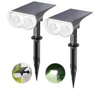 Linkind Luces Solares LED Exterior Jardin, Foco Solar con Sensor de Luz, Blanca Fría 6500K 650lm, Lámpara Solar Impermeable IP65 para Iluminación de Caminos, Patio,Terreza,Césped y Camping (2 Piezas)