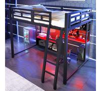 LinoraFurn 140 x 200 litera de metal con escritorio estilo gaming, iluminación LED y estantes de almacenamiento, color negro